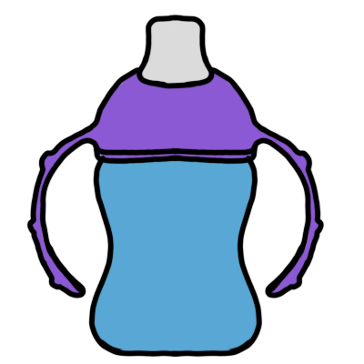 a curved blue sippy cup with a purple lid that has a long, curving handle on either side.